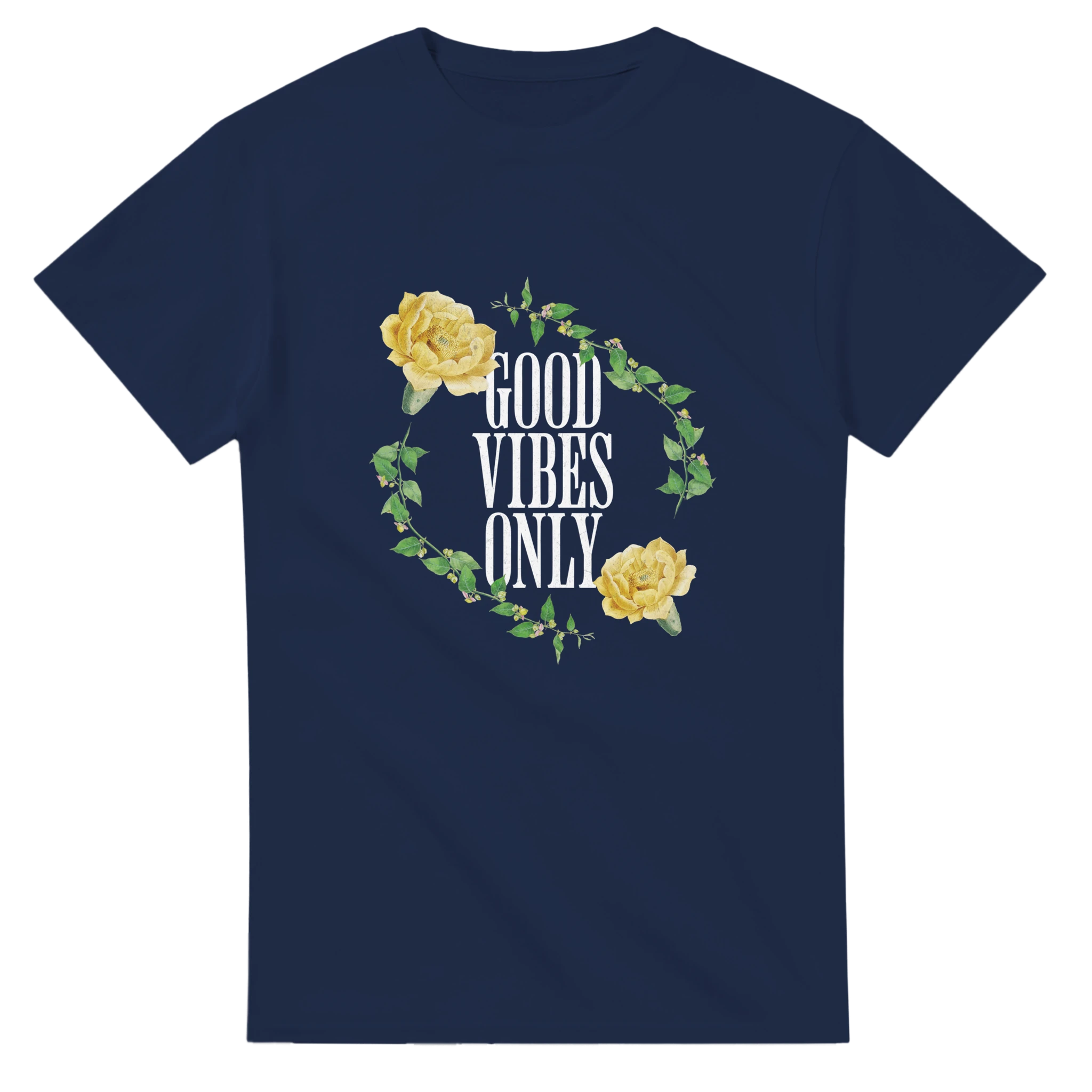 Navy T-shirt with a circular floral wreath and yellow roses surrounding the bold 'GOOD VIBES ONLY' text.
