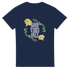 Navy T-shirt with a circular floral wreath and yellow roses surrounding the bold 'GOOD VIBES ONLY' text.