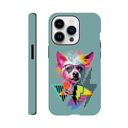 Retro pop art iPhone case featuring a colorful dog with pink glasses and geometric lightning bolts on a teal background.