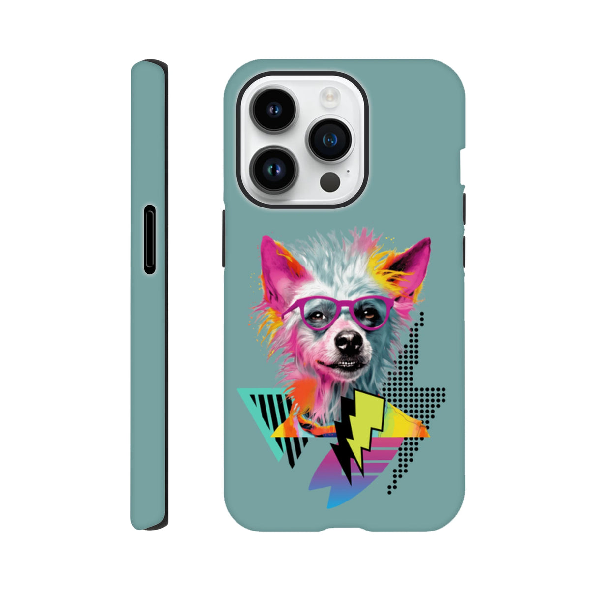 Retro pop art iPhone case featuring a colorful dog with pink glasses and geometric lightning bolts on a teal background.