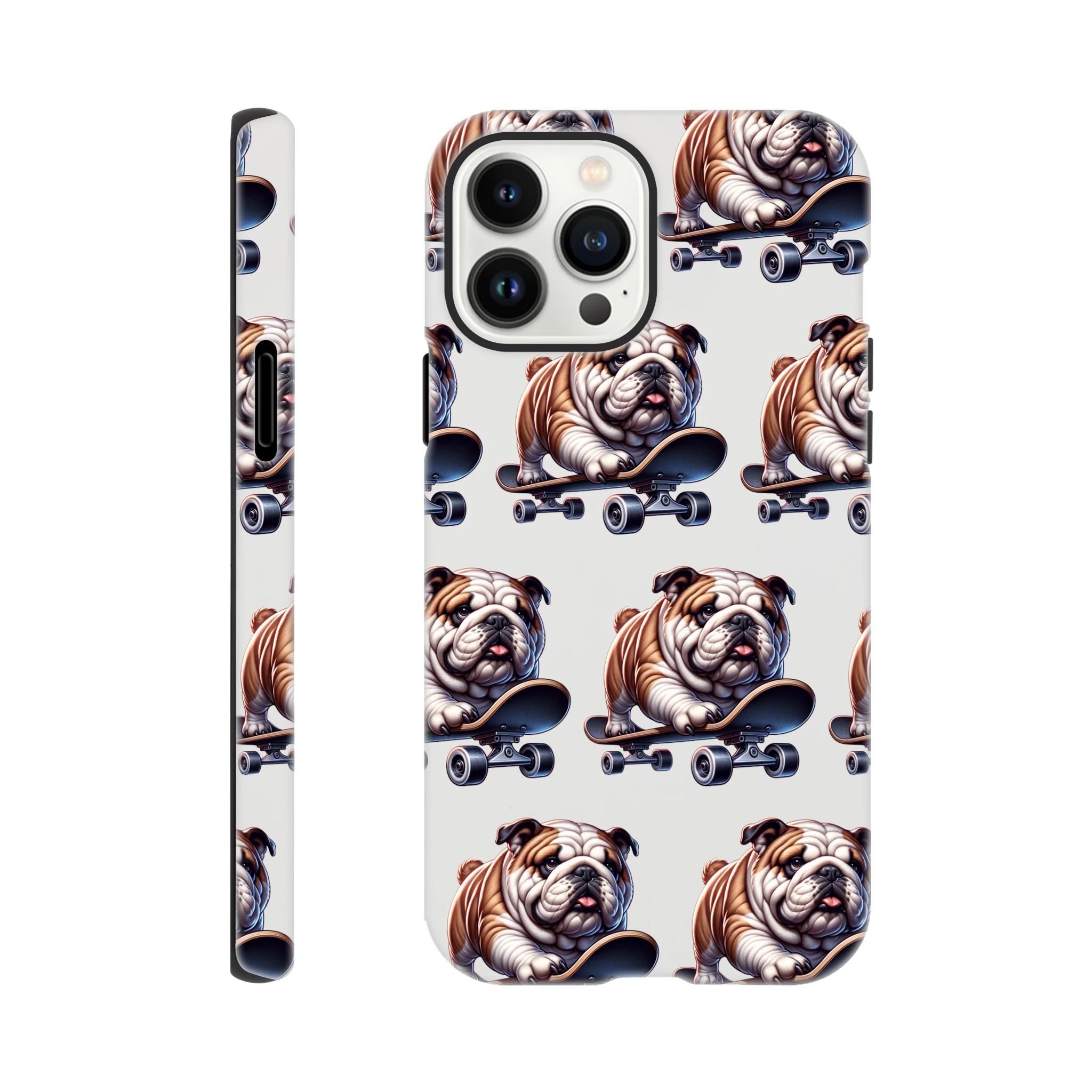 British Bull Dog iPhone case with wraparound print and skateboard bulldog, glossy dual-layer protection iPhone 16–13