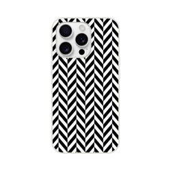 Black and white herringbone iPhone case featuring a geometric chevron pattern, designed for models 13-16 with shock-absorbing TPU protection.
