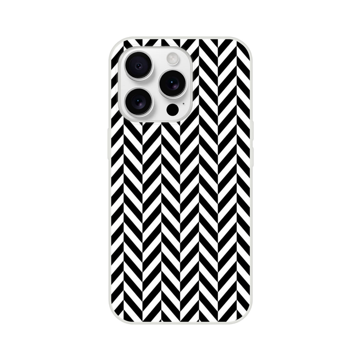 Black and white herringbone iPhone case featuring a geometric chevron pattern, designed for models 13-16 with shock-absorbing TPU protection.