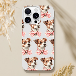 Cute dog-pattern phone case with pink bows, double-layer, glossy wraparound print for iPhone 16, 15, 14, 13.