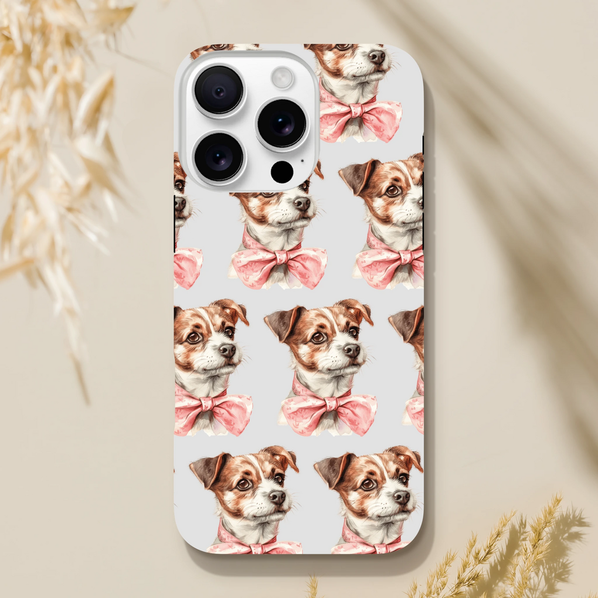 Cute dog-pattern phone case with pink bows, double-layer, glossy wraparound print for iPhone 16, 15, 14, 13.