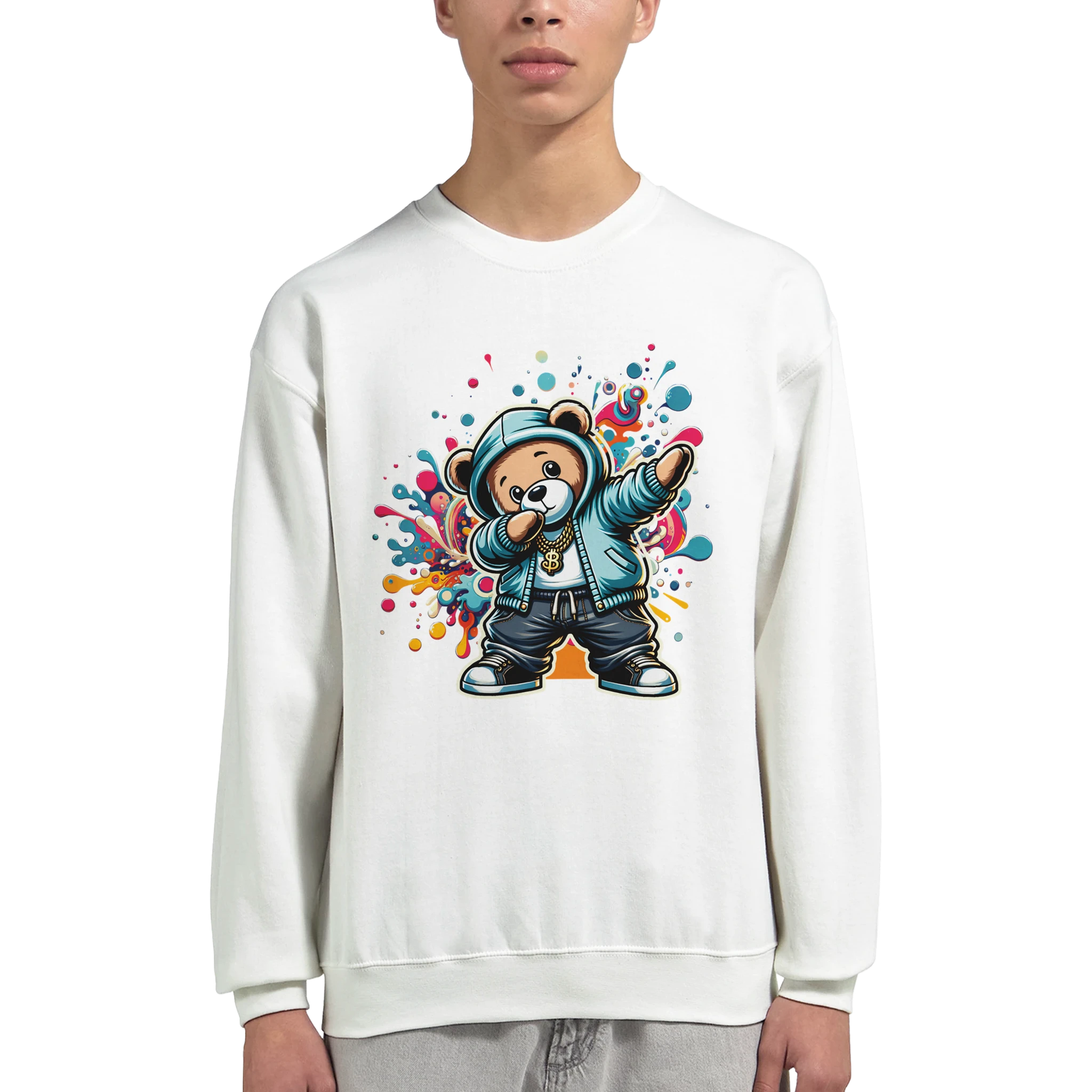 White Dab Teddy Bear men's graphic sweatshirt with a bear in a hoodie and colorful splash art, soft cotton blend.