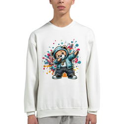 White Dab Teddy Bear men's graphic sweatshirt with a bear in a hoodie and colorful splash art, soft cotton blend.