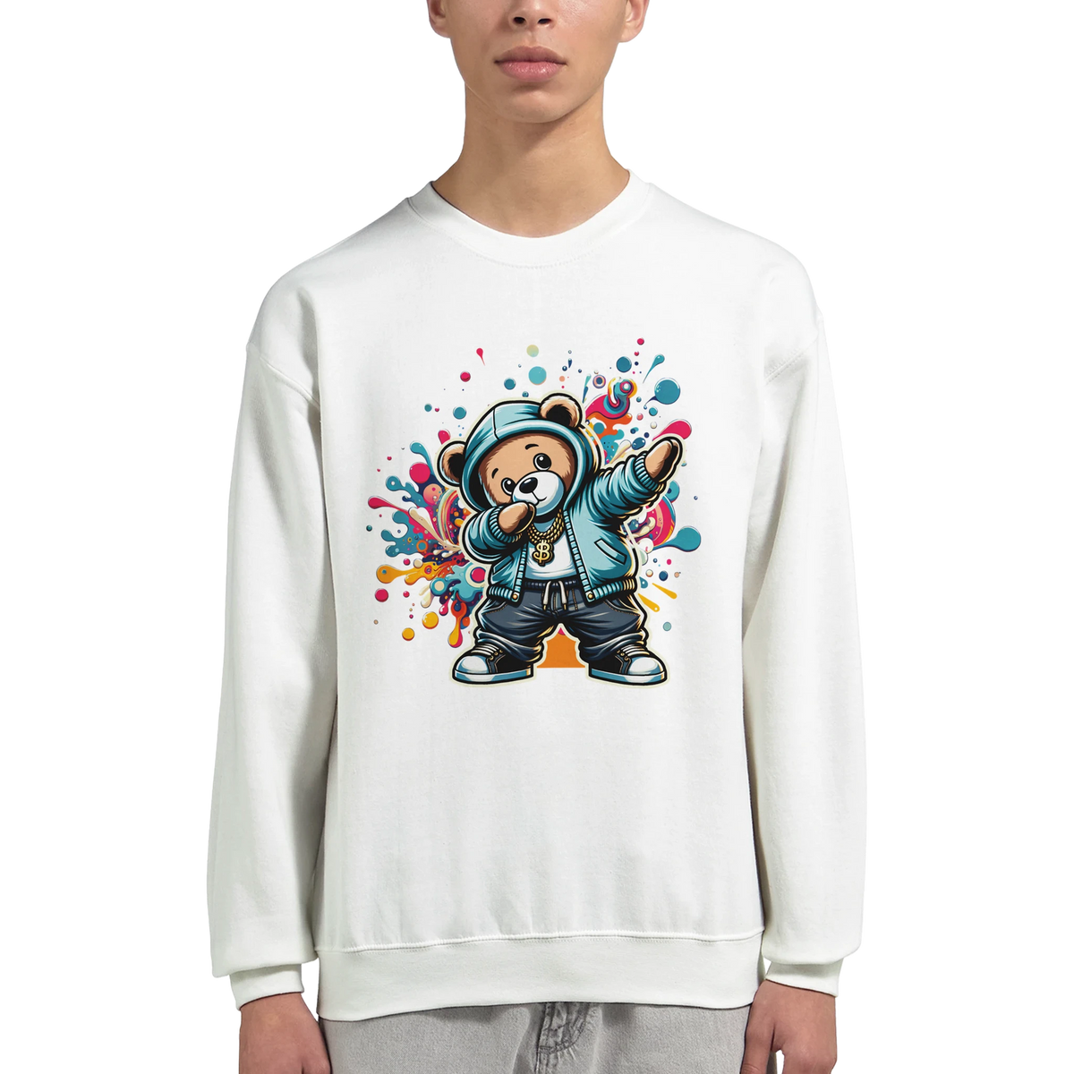 White Dab Teddy Bear men's graphic sweatshirt with a bear in a hoodie and colorful splash art, soft cotton blend.