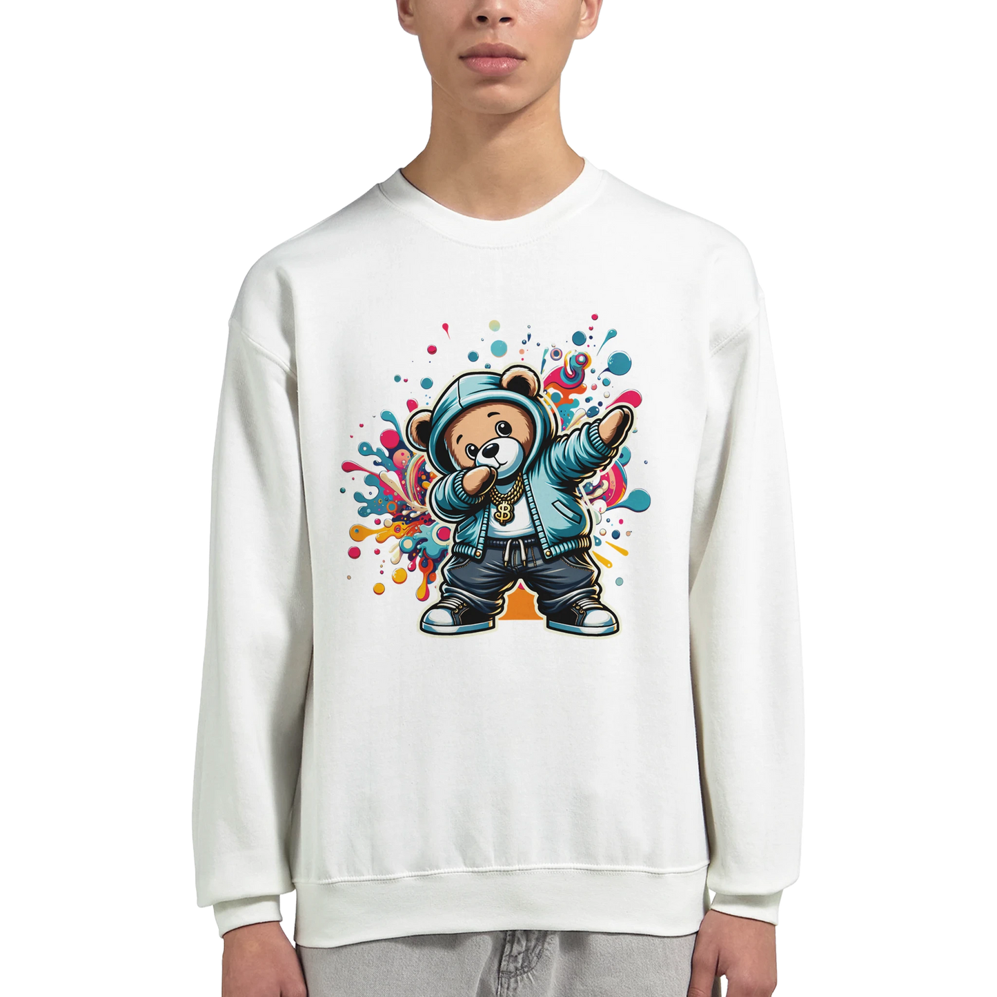 White men's graphic sweatshirt with a colorful bear graphic worn by a person on a white background