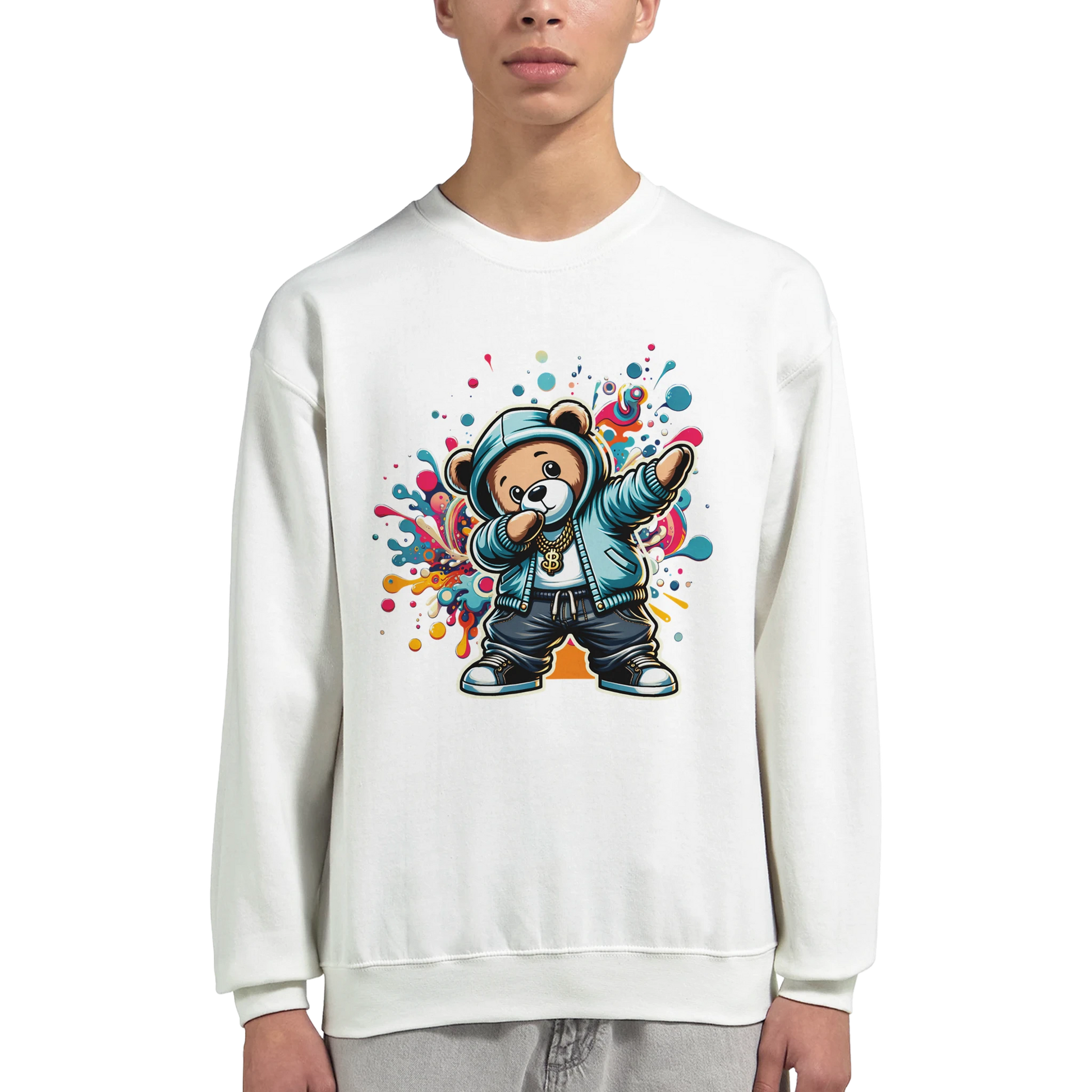 White men's graphic sweatshirt with a colorful bear graphic worn by a person on a white background