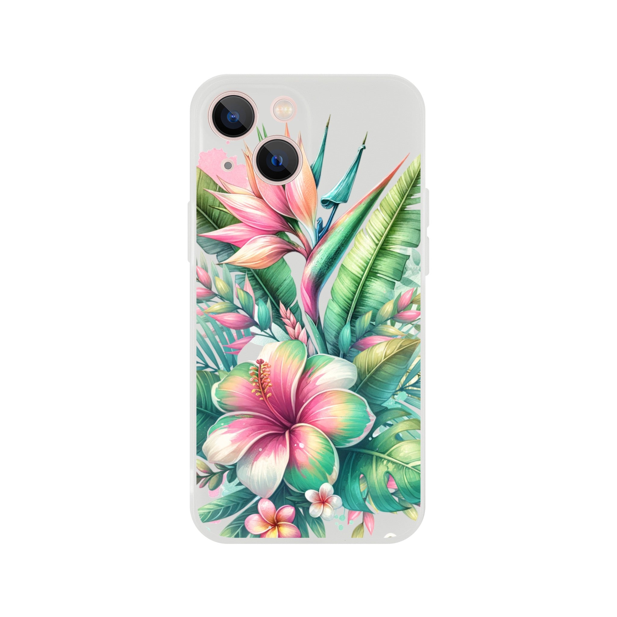Exotic tropical floral iPhone slim protective case with hibiscus, bird of paradise, leaves for iPhone 16/15/14/13.