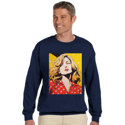 Navy men's sweatshirt featuring a retro pop art graphic of a blonde woman in a red polka dot top against a yellow comic background.