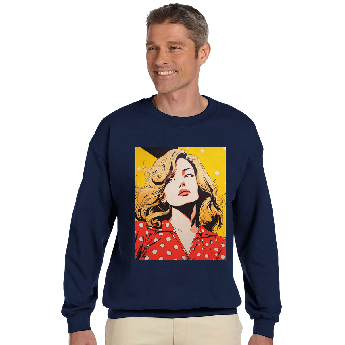 Navy men's sweatshirt featuring a retro pop art graphic of a blonde woman in a red polka dot top against a yellow comic background.