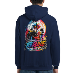 Navy hoodie back featuring vibrant Redline tachometer graphic with palm trees and checkered flag for modified car culture.