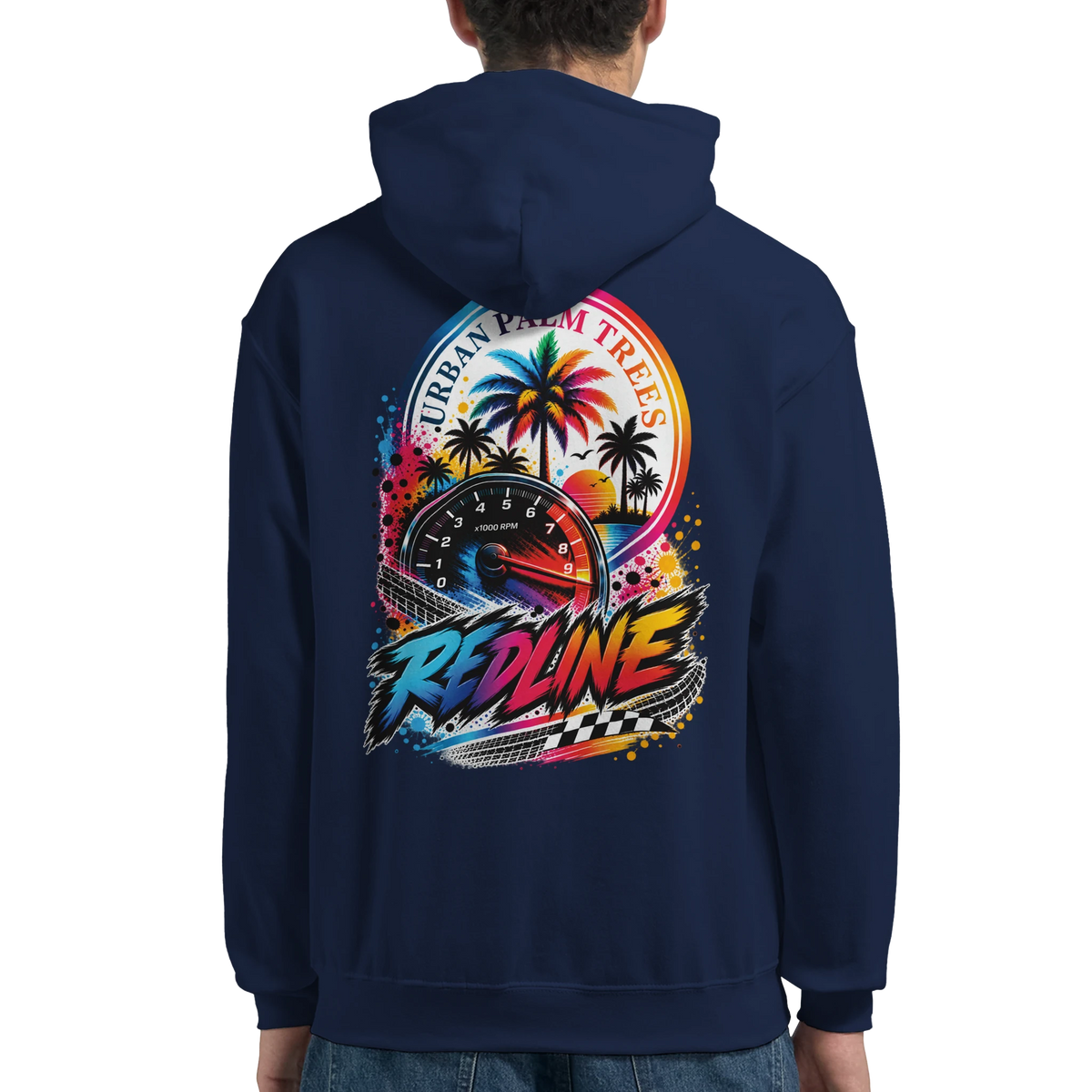 Navy hoodie back featuring vibrant Redline tachometer graphic with palm trees and checkered flag for modified car culture.