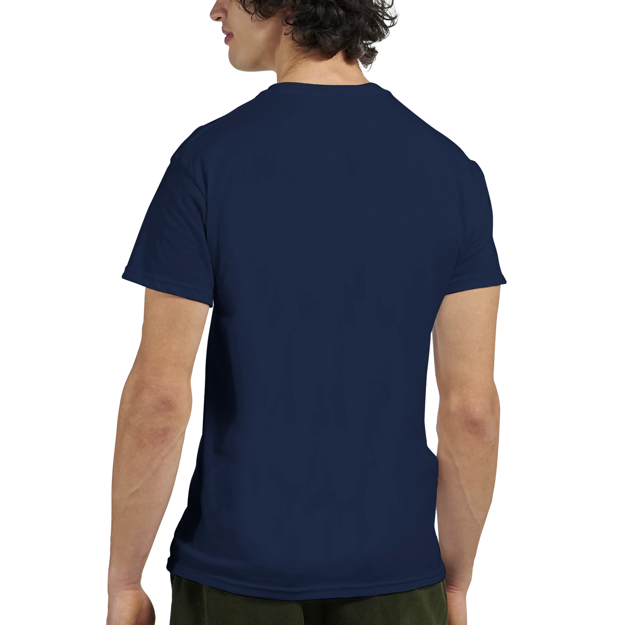 Navy Good Vibes Only slogan men's graphic tee, back view, soft cotton blend.