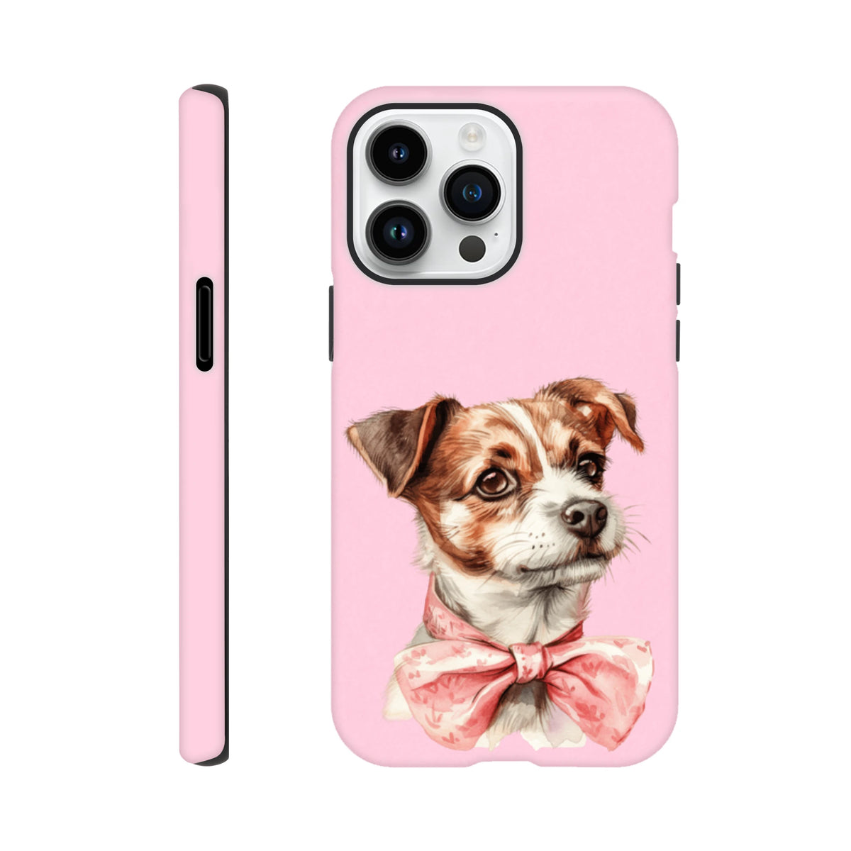 Pink tough iPhone case featuring a cute dog illustration wearing a floral pink bow tie, designed for shock absorption and daily protection.