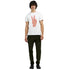 Male model wearing white heavyweight cotton-blend Peace graphic T-shirt with pink-red peace hand design.
