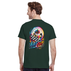 Man wearing dark green tee with colorful Back graphic showing "Flat Out" text, checkered flag, and palm trees for modified car culture.