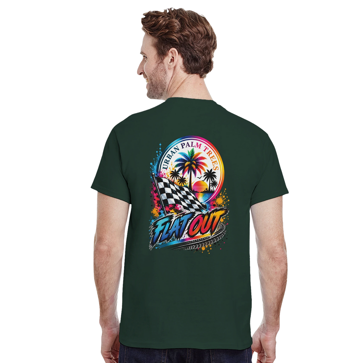 Man wearing dark green tee with colorful Back graphic showing "Flat Out" text, checkered flag, and palm trees for modified car culture.