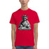 Red Statue Of Liberty DJ graphic T-shirt featuring Lady Liberty at a turntable with headphones.