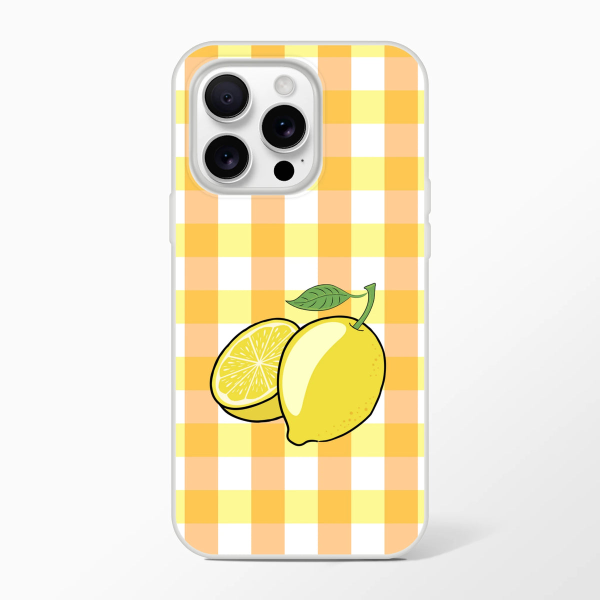 Yellow gingham lemon iPhone case for iPhone 13-16, slim matte cover with bright lemon graphic.