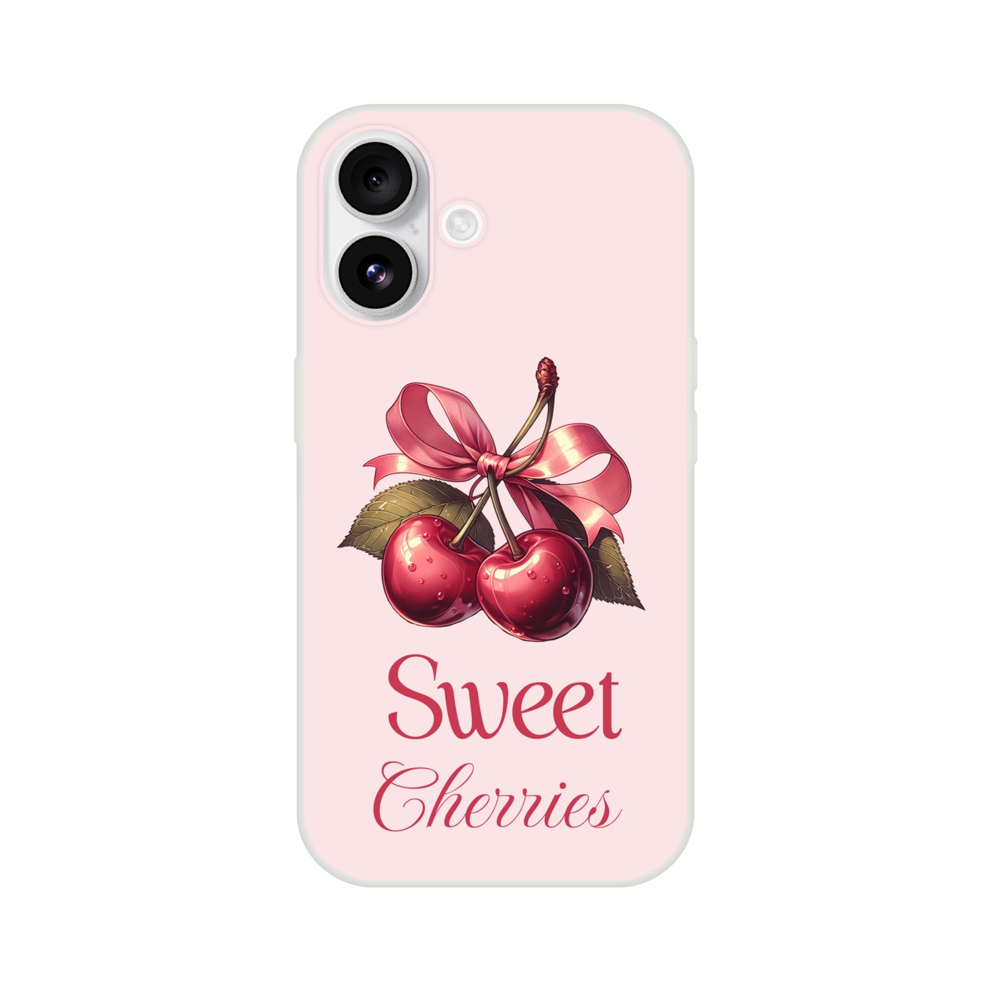 Pastel pink iPhone case with two cherries, leaves, pink bow, and 'Sweet Cherries' script.