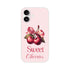 Pastel pink iPhone case with two cherries, leaves, pink bow, and 'Sweet Cherries' script.