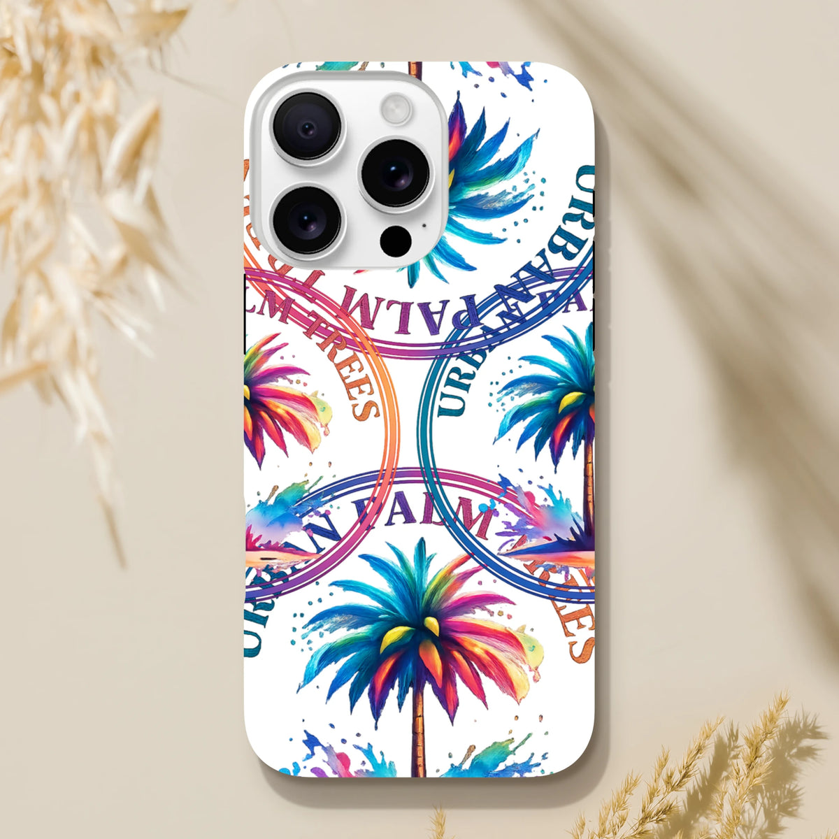 Vibrant multicolor palm tree and text wraparound design on a tough white iPhone case for urban streetwear style.