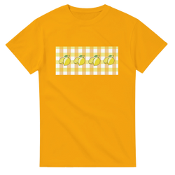 Yellow lemon-gingham tee for women with lemon illustrations on a gingham panel.