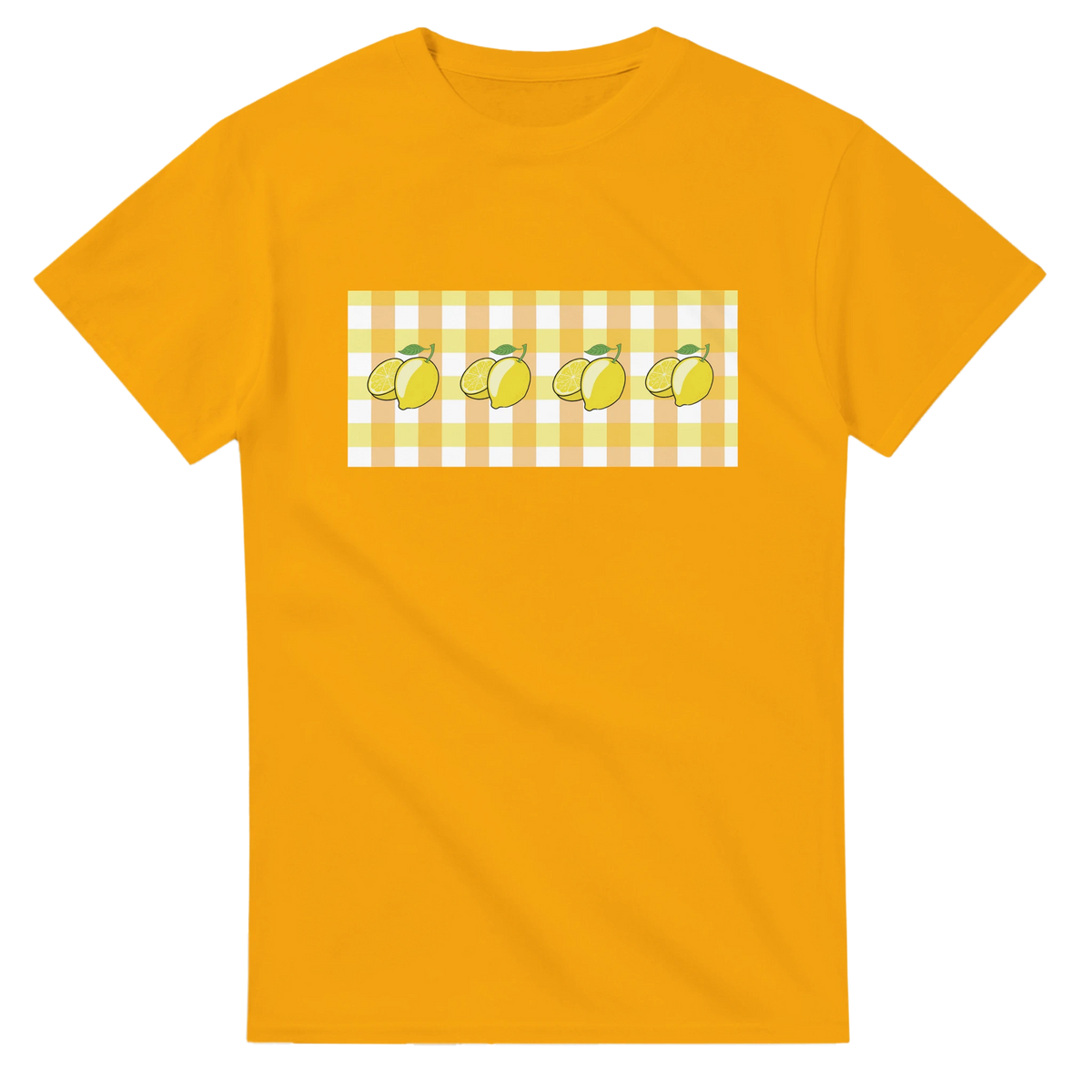 Yellow lemon-gingham tee for women with lemon illustrations on a gingham panel.