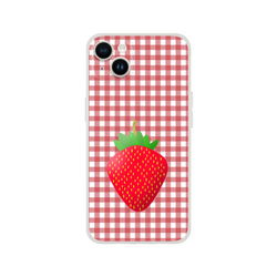 Cute Strawberry Gingham iPhone Case for iPhone 13-16, pink matte cover with strawberry print on gingham.