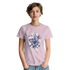 Woman wearing pale pink cotton-blend tee with blue floral graphic and It's OK Not To Be OK slogan.
