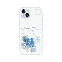 Vintage postcard iPhone case for iPhone 13-16 featuring Santorini blue-domed buildings in a slim matte design.