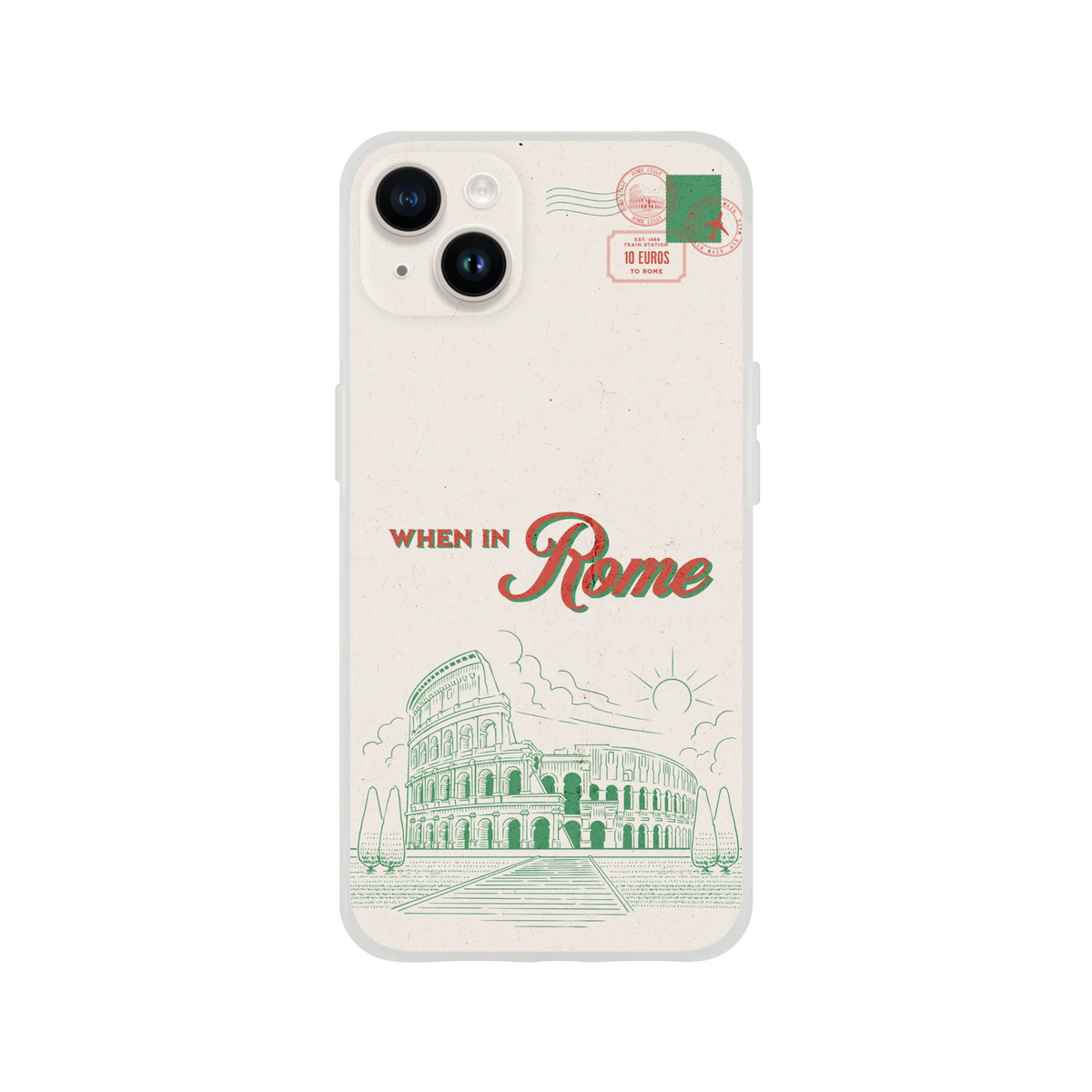 Vintage postcard-inspired iPhone 13-16 case with Rome stamps, Colosseum sketch and When in Rome text