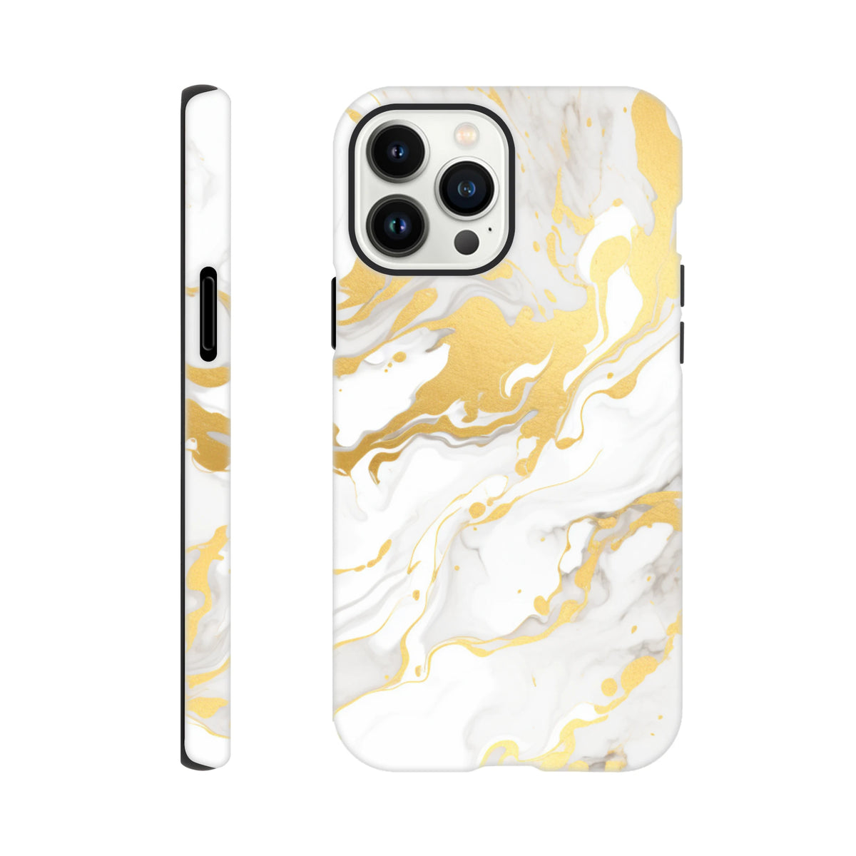 Luxury white and gold marble iPhone case with abstract fluid pattern and seamless wraparound design for sleek style.