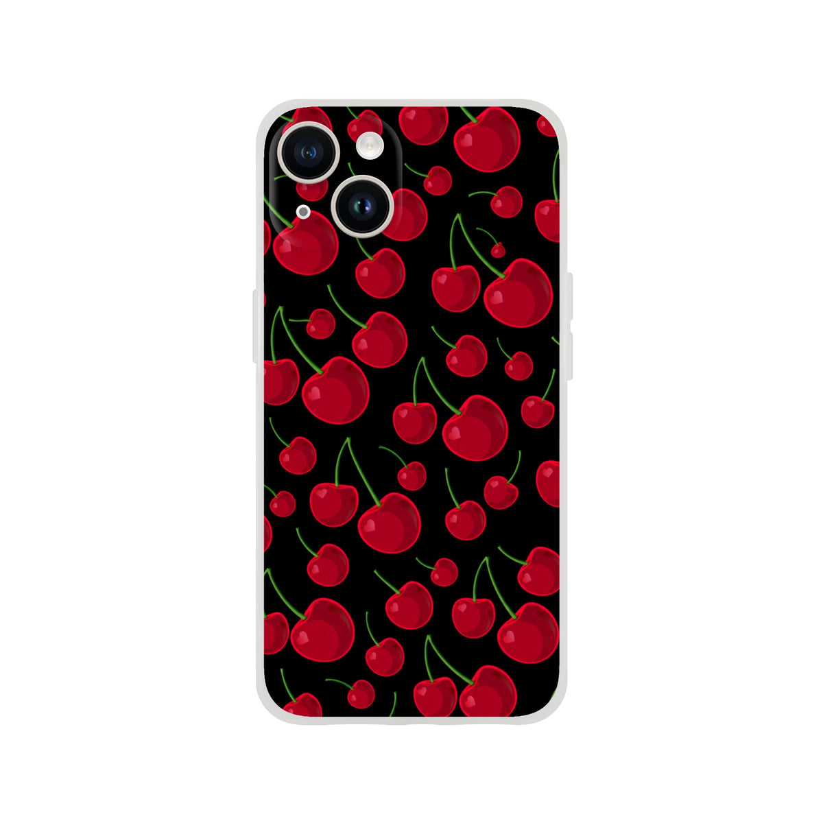 Red cherry pattern iPhone case with retro fruit design on black background. Slim matte TPU cover for shock absorption and streetwear style.
