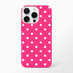 Hot pink tough iPhone case with white polka dots. Cute, rugged dual-layer phone cover with shock-absorbing protection for daily use.