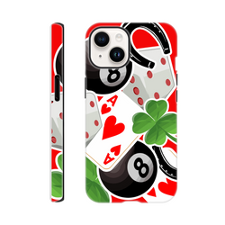 Tough iPhone case featuring 8 ball, ace of hearts, four-leaf clover, and horseshoe graphics on a red background.