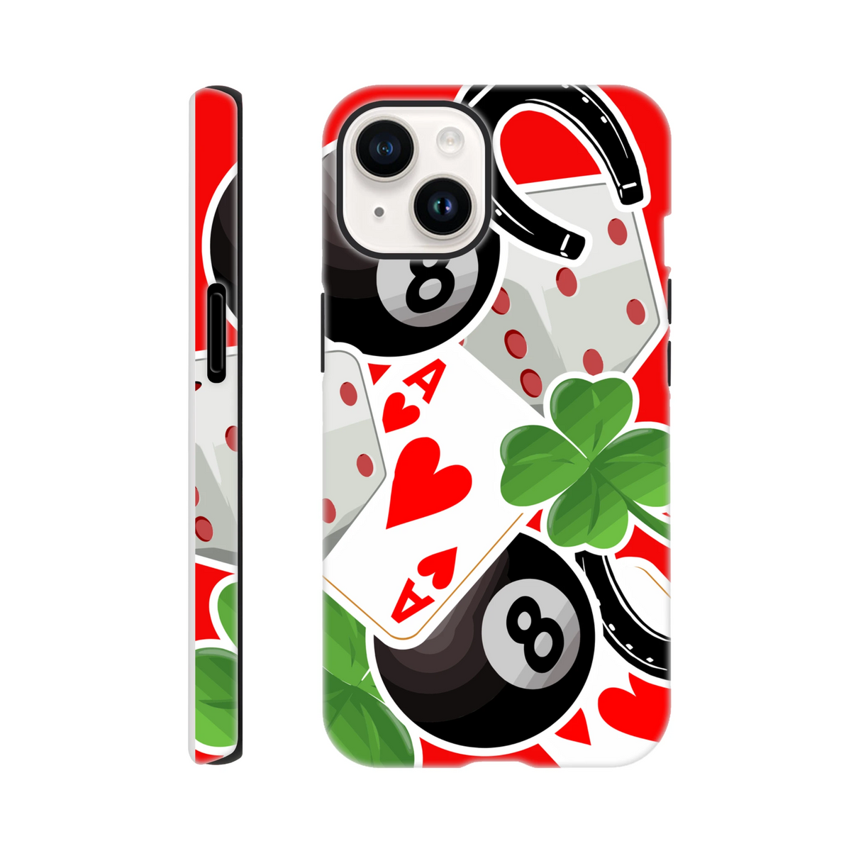 Tough iPhone case featuring 8 ball, ace of hearts, four-leaf clover, and horseshoe graphics on a red background.