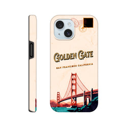 Vintage San Francisco postcard iPhone case featuring retro Golden Gate Bridge illustration and postmark graphic.