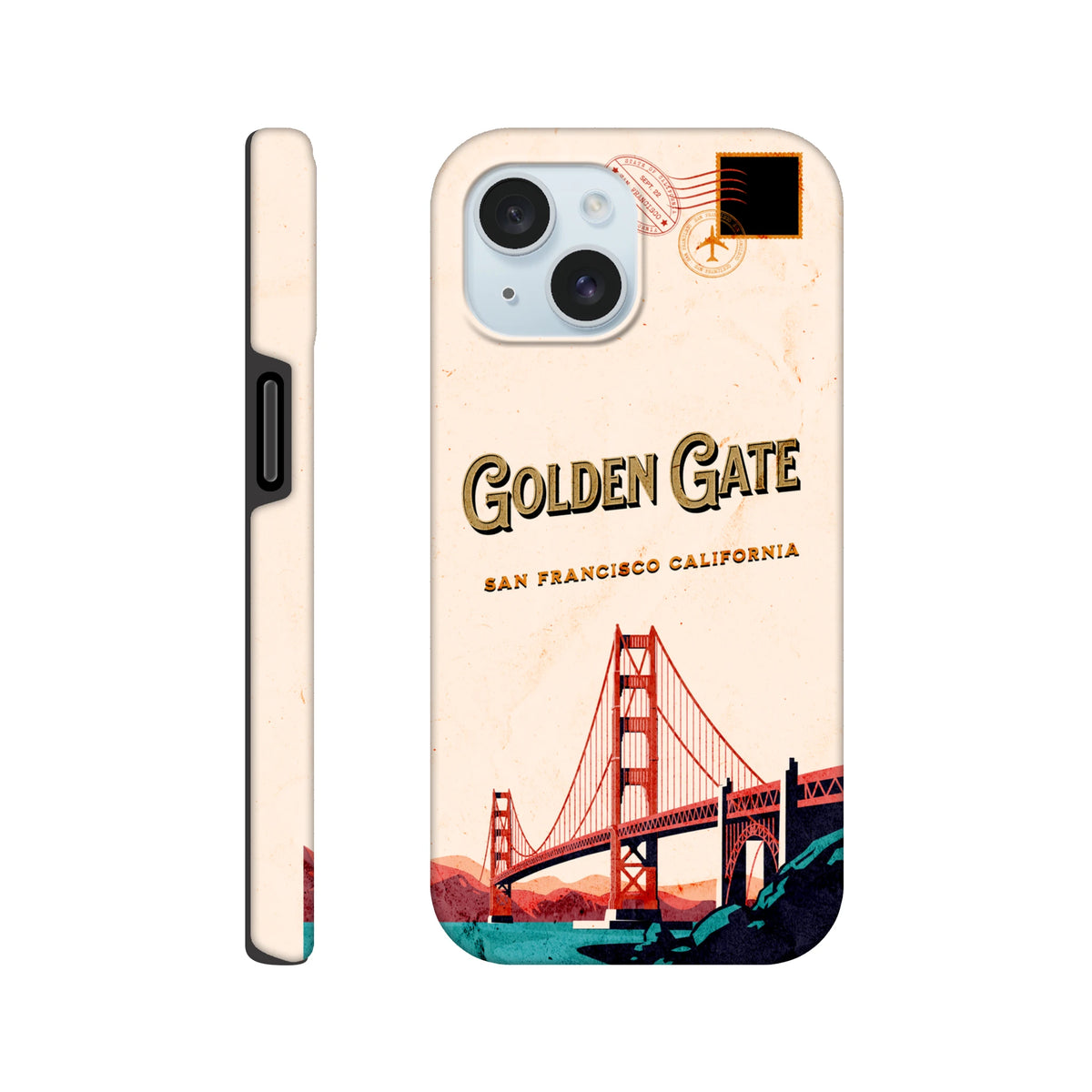 Vintage San Francisco postcard iPhone case featuring retro Golden Gate Bridge illustration and postmark graphic.
