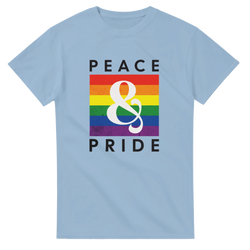 Light blue retro t-shirt featuring "PEACE & PRIDE" text with a distressed rainbow graphic and white ampersand.