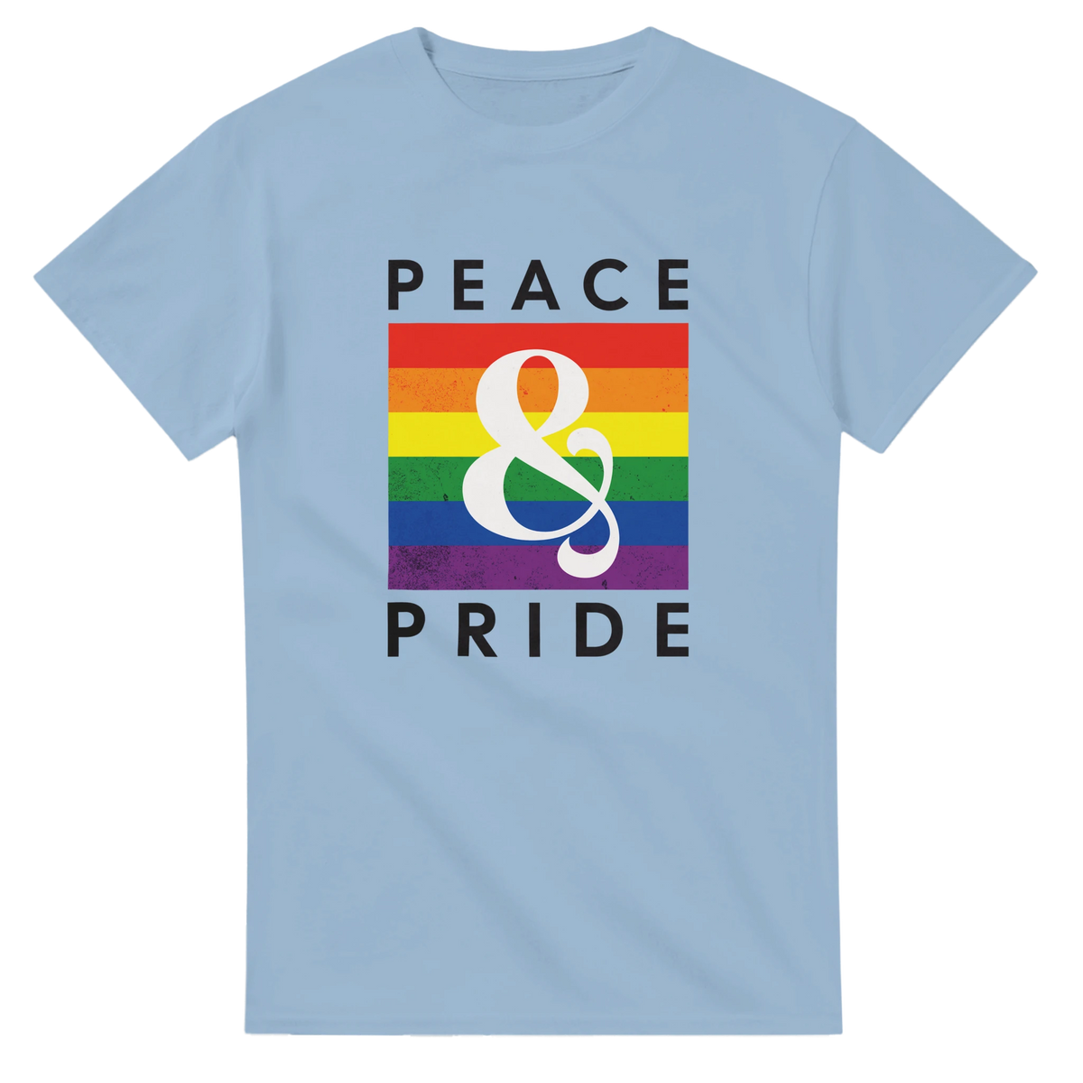 Light blue retro t-shirt featuring "PEACE & PRIDE" text with a distressed rainbow graphic and white ampersand.
