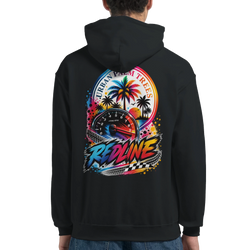 Black hoodie back with colorful Redline tachometer and Urban Palm Trees graphic for modified car culture.