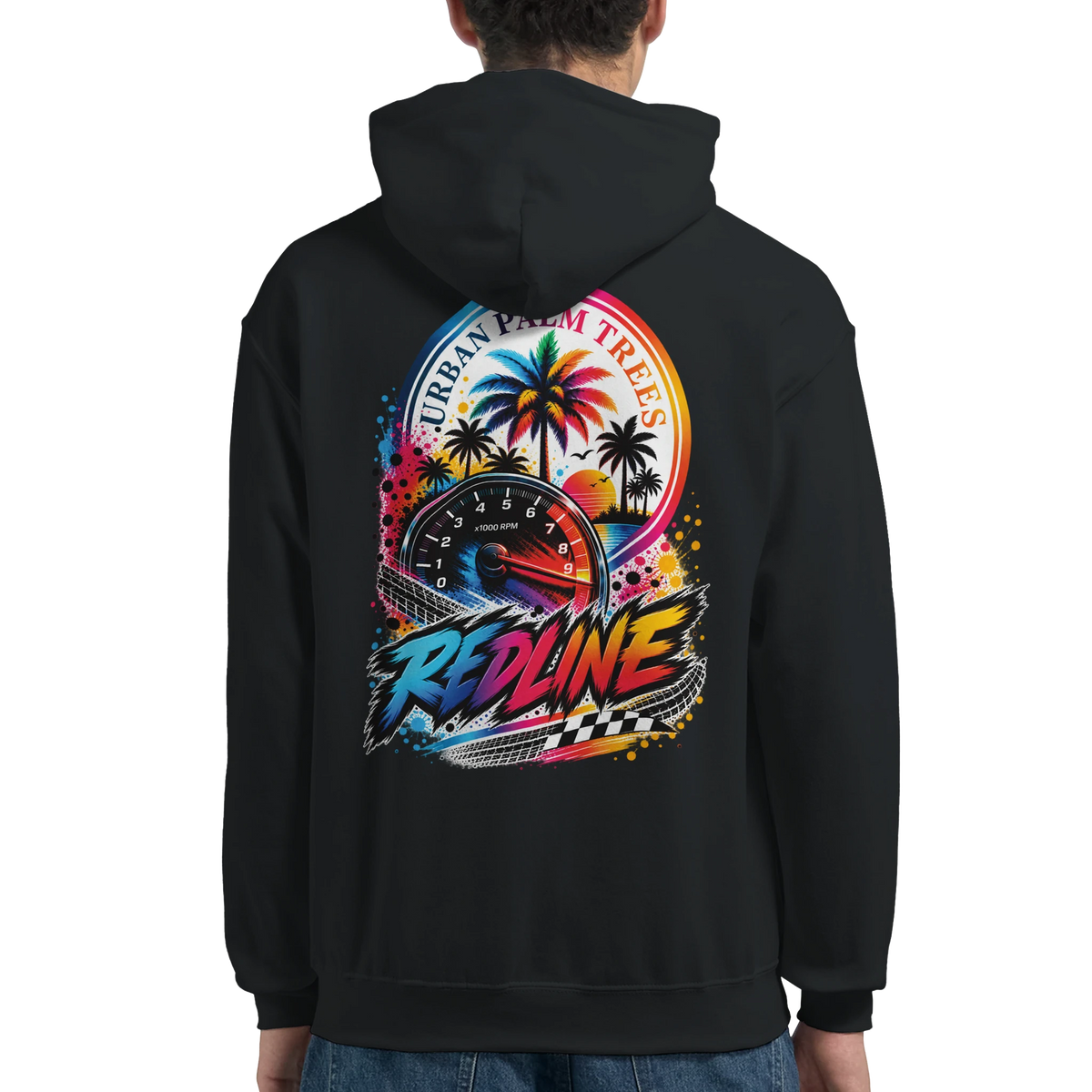 Black hoodie back with colorful Redline tachometer and Urban Palm Trees graphic for modified car culture.