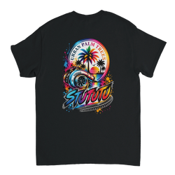 Black T-shirt back featuring colorful turbocharger graphic with palm trees, sunset, and stylized text for modified car culture.