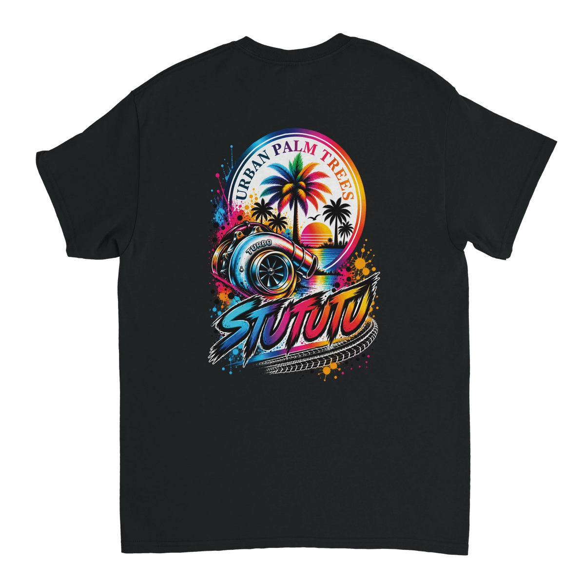 Black T-shirt back featuring colorful turbocharger graphic with palm trees, sunset, and stylized text for modified car culture.