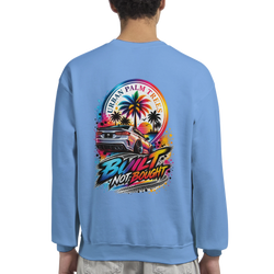 Light blue sweatshirt back featuring colorful built not bought modified car graphic with palm trees and Urban Palm Trees text.

(112 characters)