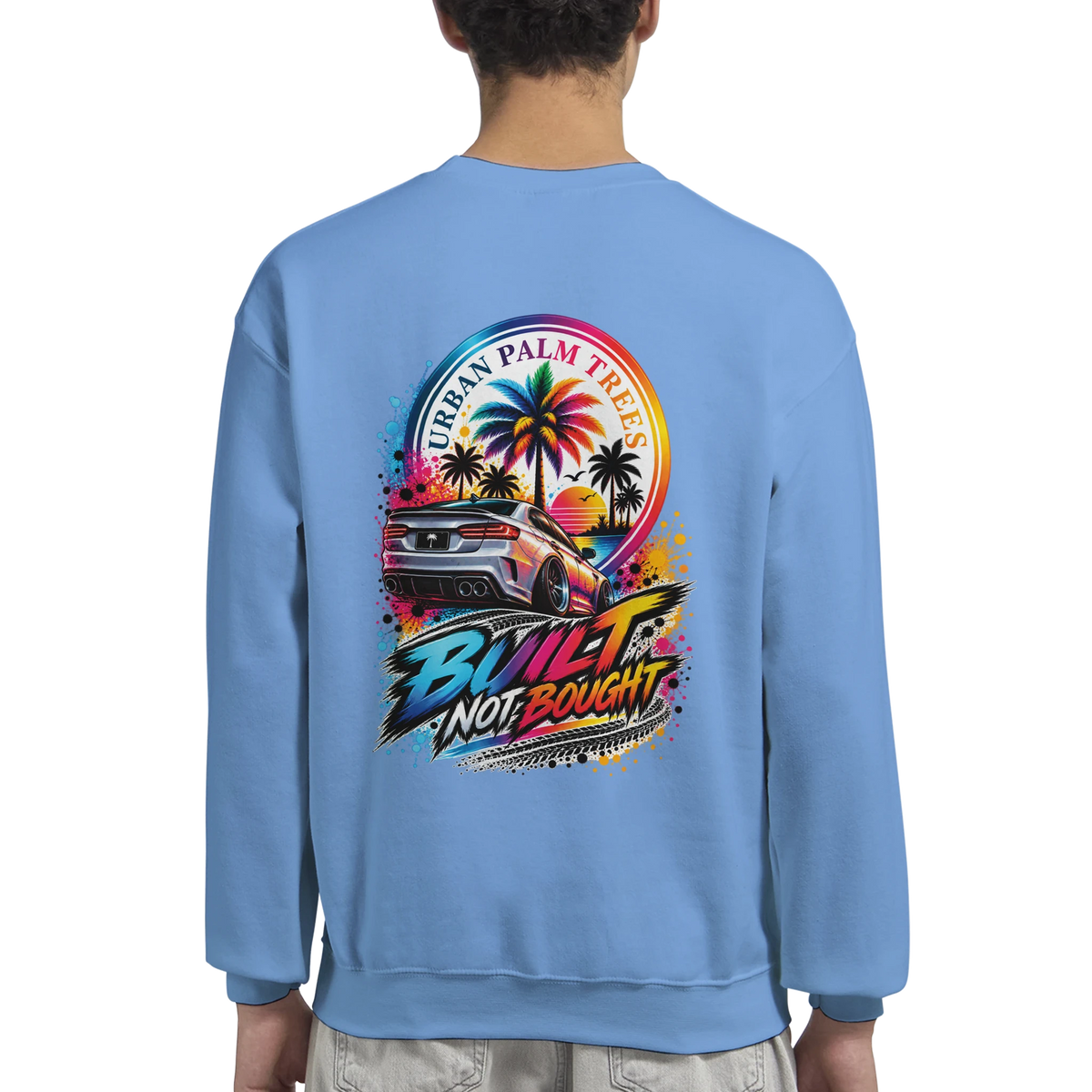 Light blue sweatshirt back featuring colorful built not bought modified car graphic with palm trees and Urban Palm Trees text.

(112 characters)
